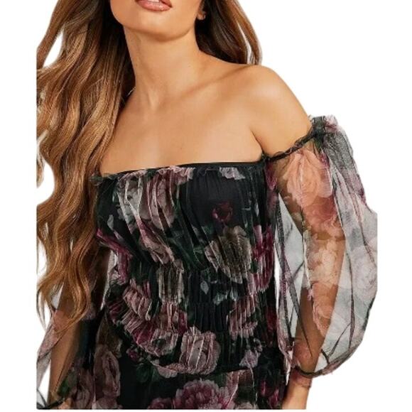 NWT Boohoo Off The Shoulder Mesh Floral Ruched Maxi Dress Black Womens Size 10 - Picture 2 of 11